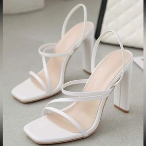NWOT White Thin Strap Chunky Heeled Slingback Heels